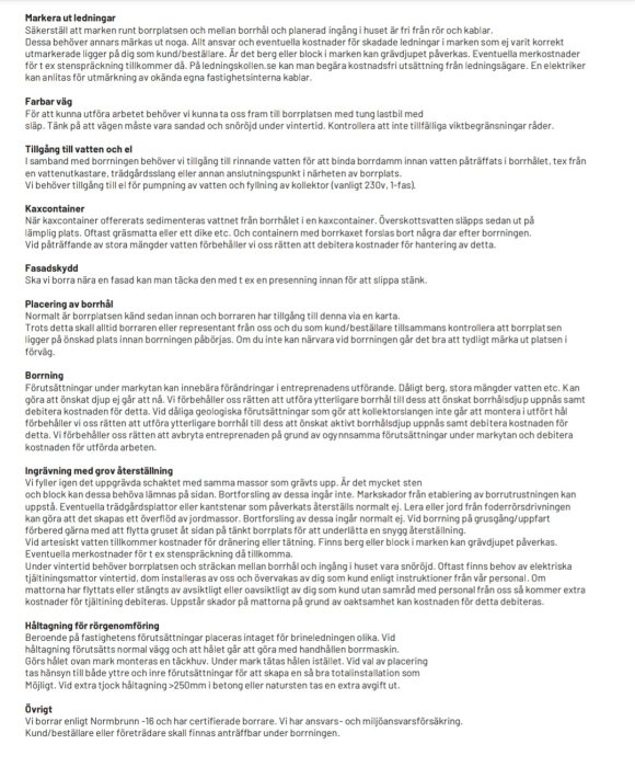 Skärmbild av textdokument som innehåller avtalsvillkor för borrning av bergvärme, med rubriker som märkning, farbann, tillägg till vatten och el.
