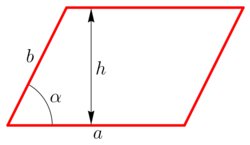 Illustration av en röd parallellogram med markerade sidor och vinklar samt höjden (h).