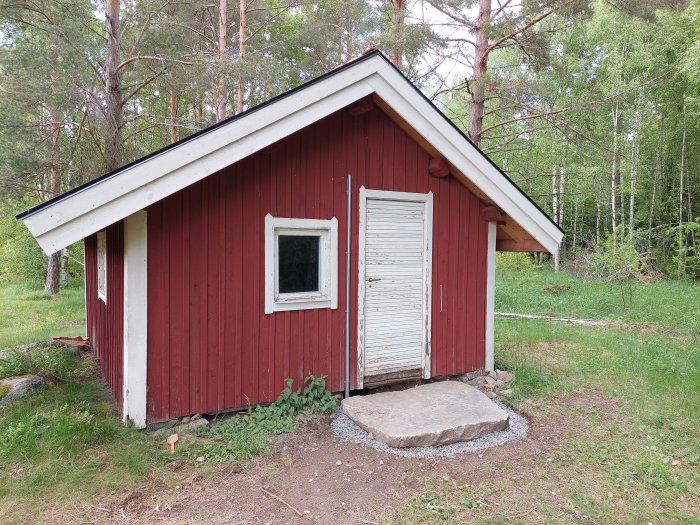 Stor grå sten placerad utanför dörren till ett rött litet hus med vit dörr i en lantlig miljö.