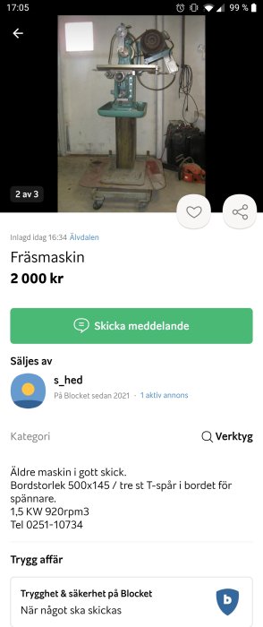 Äldre fräsmaskin i verkstadsomgivning med tekniska specifikationer synliga.