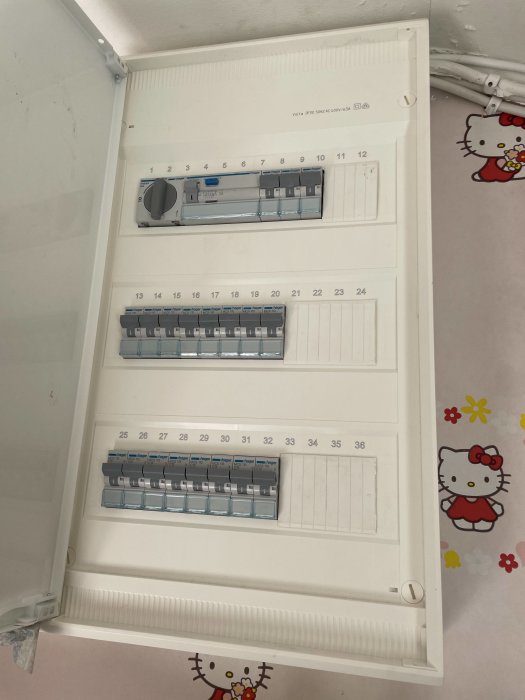 Elektrisk säkerhetsbrytare med alla spakar i påslaget läge och Hello Kitty-klistermärken.