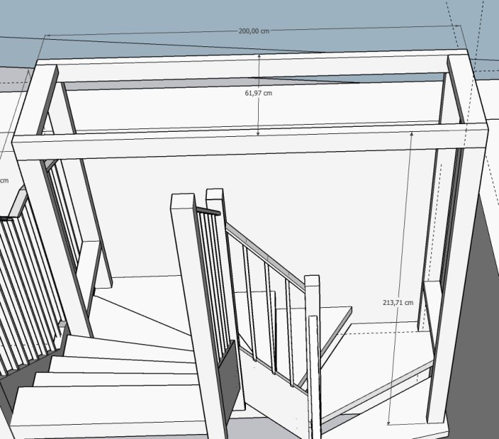 3D-ritning av en oavslutad träregelkonstruktion intill en trappa med måttangivelser.