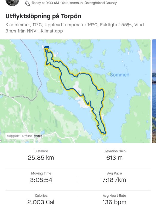 Kartbild visar löprunda på Torpön med distans, tid, höjdnivå och träningsdata.