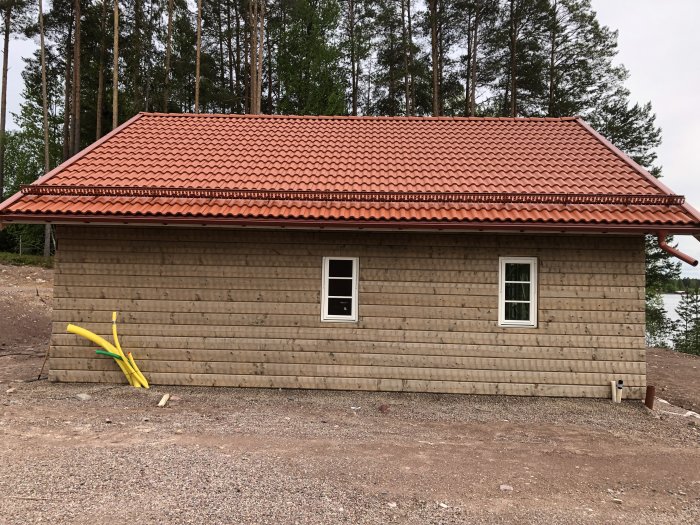 Ett nyligen behandlat trähus med järnvitriol, vilket ger en jämn, grå patina på fasadpanelen och ett rött tegeltak.