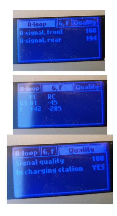 Display av en robotgräsklippares kontrollpanel som visar signalstyrka och kvalitet för guidningssystemet.