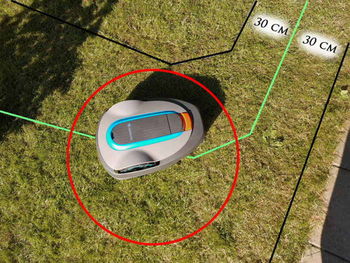 Robotgräsklippare på gräsmatta med markerade kabelstyrningar och zoner.