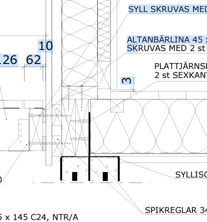 Byggbeskrivning med mått och detaljer för montering av plintgrund, bärlinor och bjälklag.