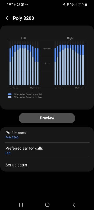 Skärmbild av Adapt Sound-funktion i en Samsung-telefon visar ljudprofilen för 'Poly 8200' med tonnivåjusteringar.