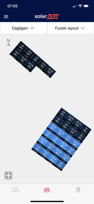 Solpanelers layout med energiproduktionsdata från SolarEdge monitoreringssystem.