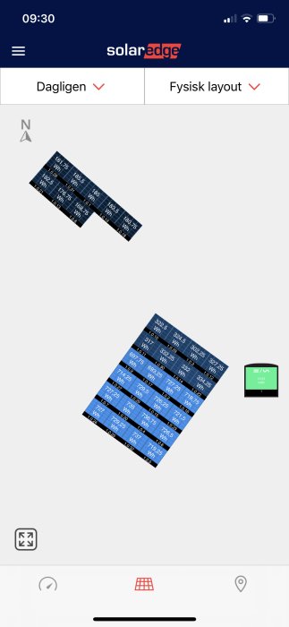 Skärmavbild av SolarEdge-appen som visar den fysiska layouten av solpaneler och en energimätare.