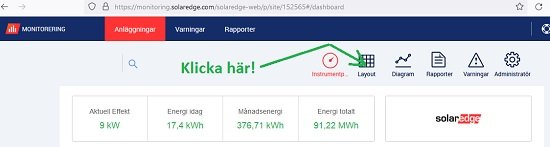 Skärmdump av SolarEdge-monitoreringsportal med användargränssnitt, energistatistik och lyft fram "Layout"-knappen.