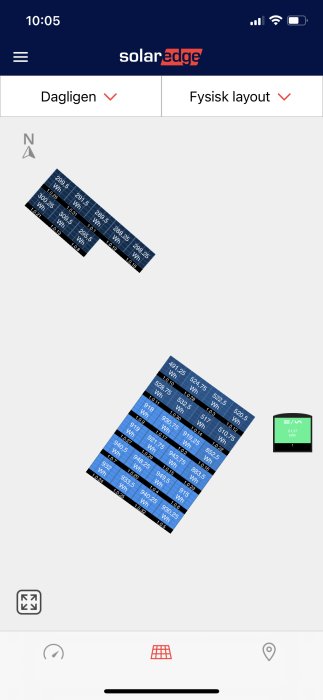 Layout av solpaneler på en takyta visad i en app med prestandadata för varje panel.