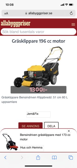 Gul och svart bensindriven gräsklippare med 196 cc motor och uppsamlare.