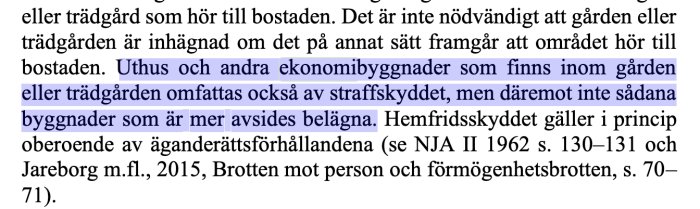 Skärmbild av en textutdrag ur en juridisk proposition rörande ekonomibyggnaders skydd enligt lag.