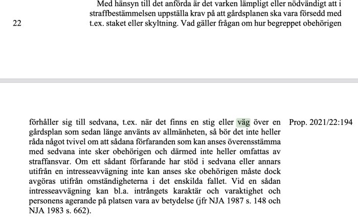 Bild på en textutdrag från en proposition som diskuterar sedvanor och juridiska gränser för allmänhetens rörelsefrihet.