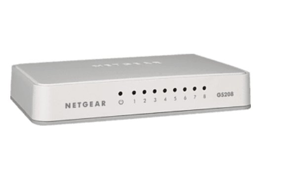 En Netgear nätverksswitch modell GS208 med åtta portar.