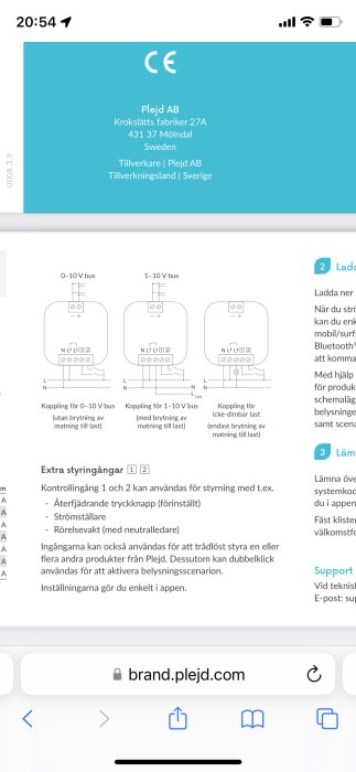 Skärmbild av Plejd CTR-01 installationsguide för styrning av belysning med scheman och extra styringångar.