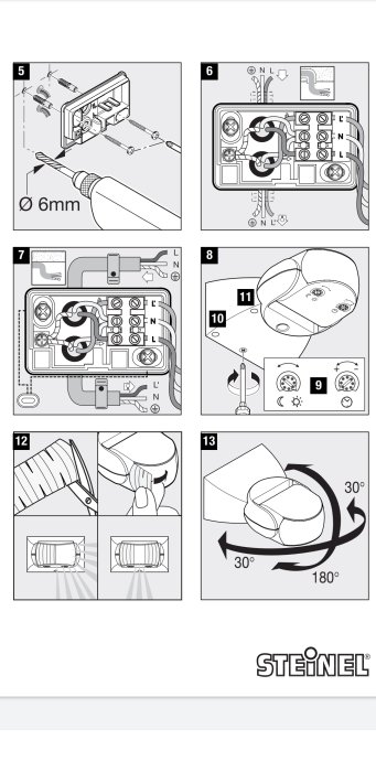 Illustration av installationssteg för en Steinel-sensorljus, inkluderar ledningskoppling och justeringar.
