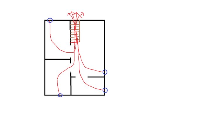 Skiss av källarventilation med friskluftsventiler och luftflödesvägar markerade i rött.