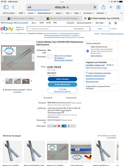 Skärmdump från eBay.de som visar en produktannons för 6 stycken Metabo Typ 2 DH330 HSS Hobelmesser.