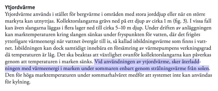 Sida ur en rapport om ytvärme med text som beskriver användningen av solenergi för att sänka marktemperaturen för ytvärmeanläggningar.