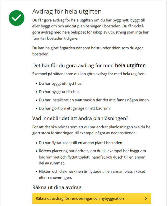 Skärmklipp med information om avdrag för hel utgift vid byggnation och ändrad planlösning.