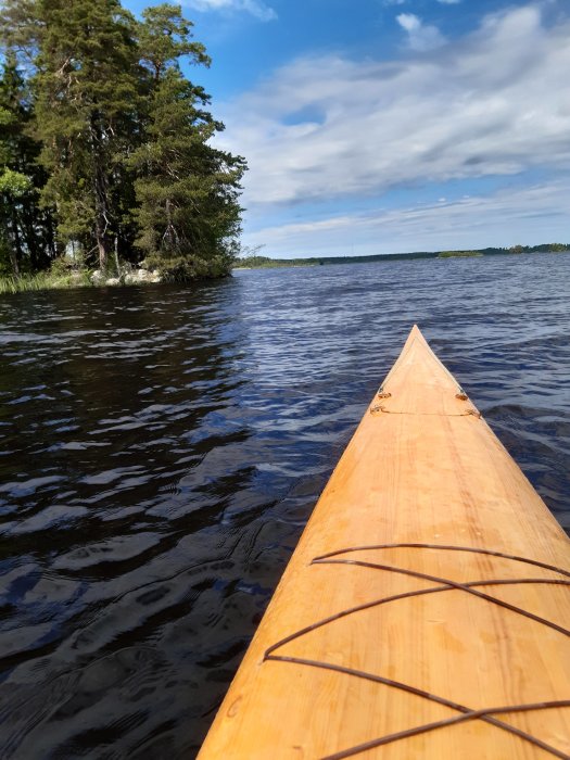 Bild på främre delen av en kanadensare på lugnt vatten med skog och moln i bakgrunden.