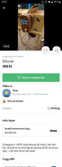 Begagnad Scheppach HMO-solo elhyvel på stativ mot grusig mark, synlig rost och slitage.