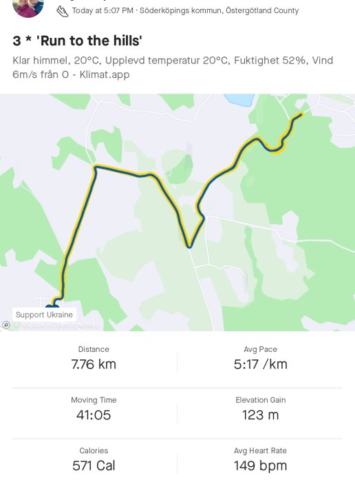 Kartskärm med spårning av löprunda på 7.76 km, tid 41:05, hastighet och höjddata.