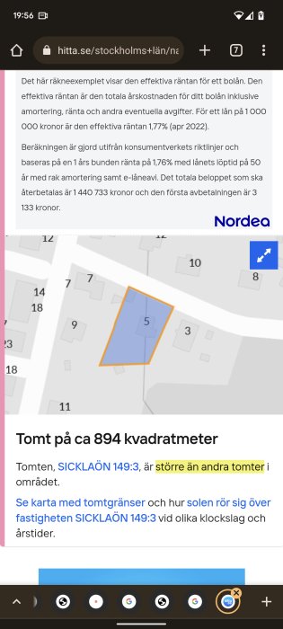 Skärmdump från en webbsida som visar ett räkneexempel på en bostadslån och en karta över en fastighet.