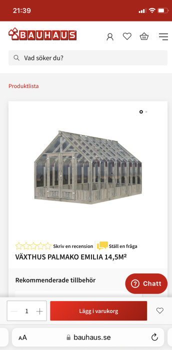 Bild på Palmako Emilia växthus på Bauhaus webbsida, produkt med betyg och köpoption.