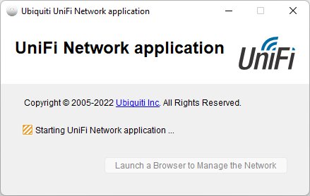 Startskärm för Ubiquiti UniFi Network application med knapp för att öppna nätverkshanteraren i webbläsare.