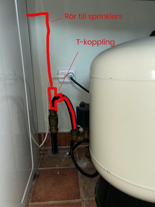 Vattenledning med T-koppling markerat samt rör till sprinklers i ett rörsystem intill en vit tank.