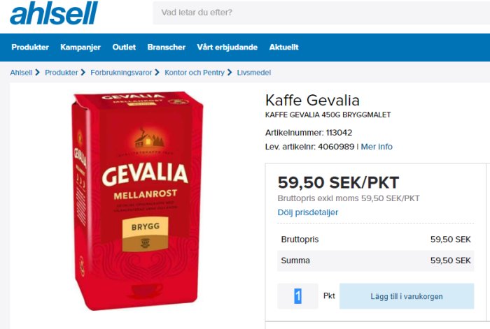 Röd förpackning av Gevalia Mellanrost kaffe, visad på en webbshopssida med priset 59,50 SEK per paket.