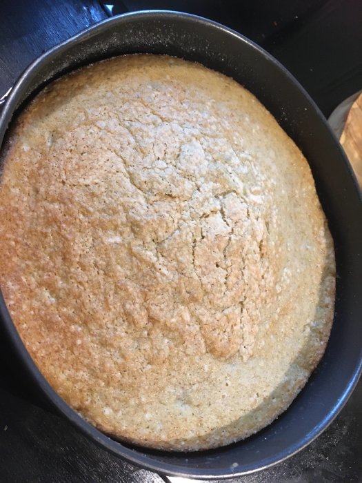 Nybakad saftig rabarberkaka med citronsmak i en rund bakform, svampig textur.