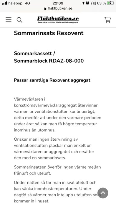 Skärmbild av webbsida med information om sommarinsats för FTX system, text på svenska.