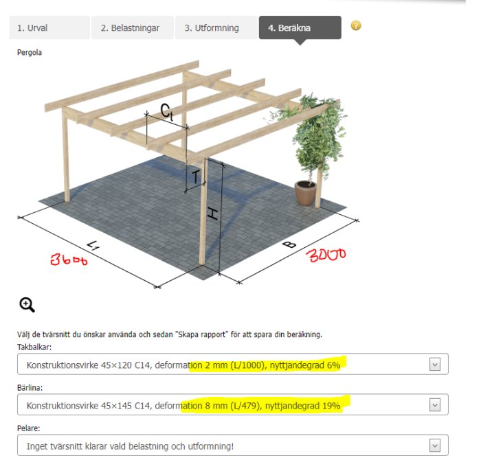 Digital illustration av en pergola med måttangivelser och en intillstående kruka med en grön växt.