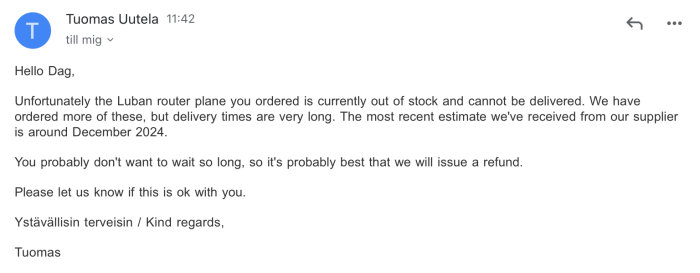 E-postmeddelande om försenad leverans av Luban-router med en förväntad tid i december 2024 och erbjudande om återbetalning.
