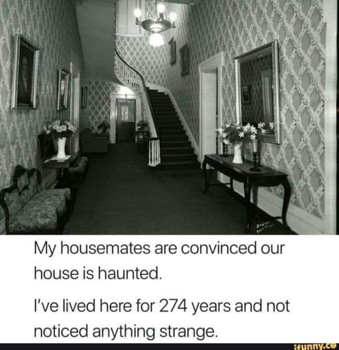 Svartvit bild av en inre hall med mönstrad tapet, trappa och antik inredning, med en humoristisk text om ett hemsökt hus.