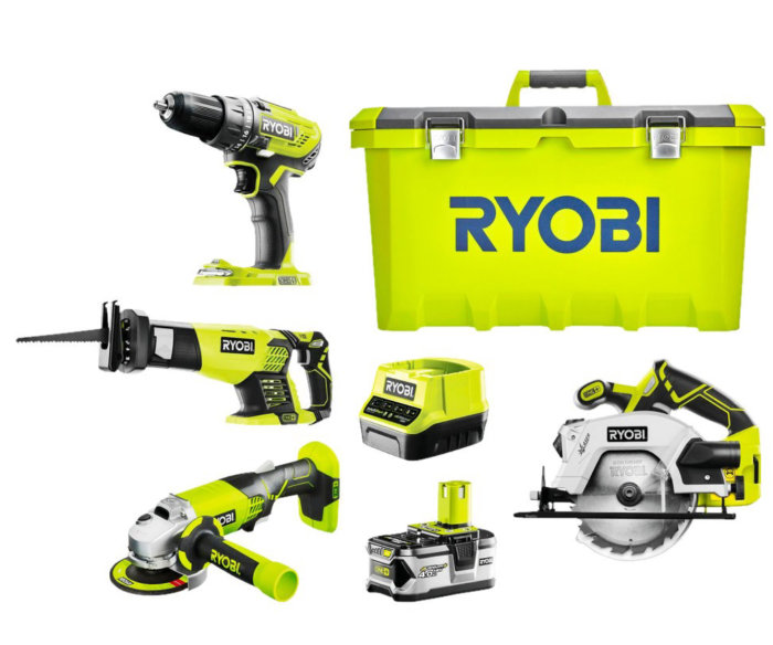 Ryobi verktygspaket med borrskruvdragare, sticksåg, vinkelslip, cirkelsåg, batterier och väska.