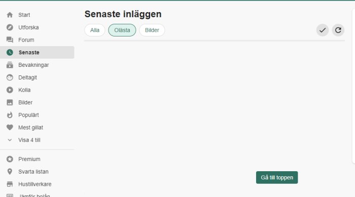 Skärmdump av ett diskussionsforums sektion "Senaste inläggen" med tomma inlägg och markerad flik "Olästa".