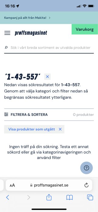 Skärmdump av sökresultatsida utan träffar för en Stanley vattenpass produkt på proffsmagasinet.se.