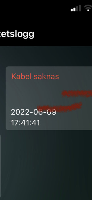 Skärmdump av ett felmeddelande med texten "Kabel saknas" och tidstämpel.