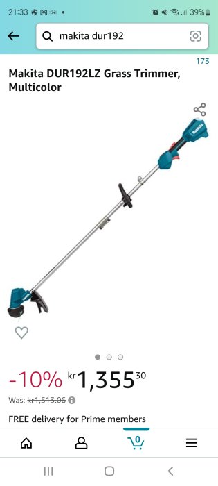 Makita grästrimmer DUR192LZ, multicolor, med rabattpris på skärmen.