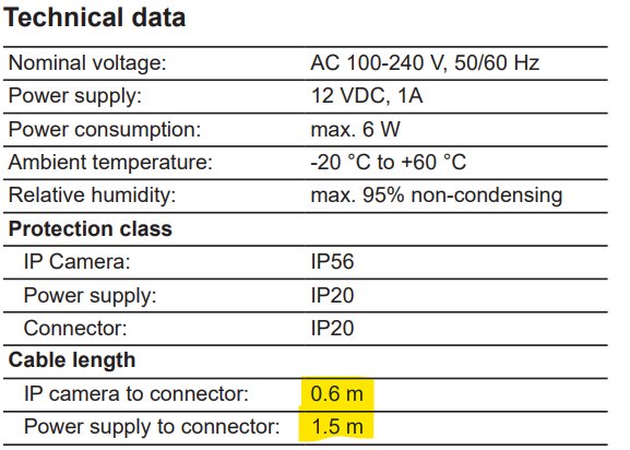 Teknisk specifikation för utomhuskamera med IP56-klassning och kabellängder.