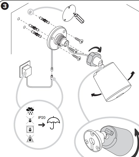 Exploded view illustration of an outdoor camera installation with components and IP20 protection symbol.