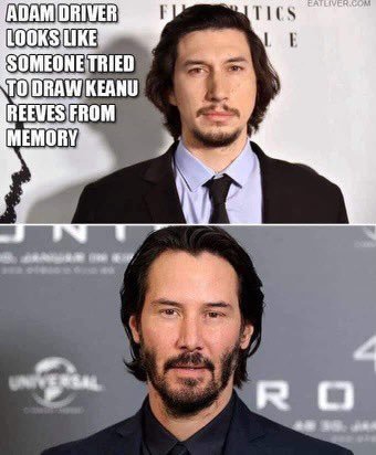 Två bilder av skådespelarna Adam Driver ovan och Keanu Reeves nedan, båda i kostym och med liknande hår och skägg.