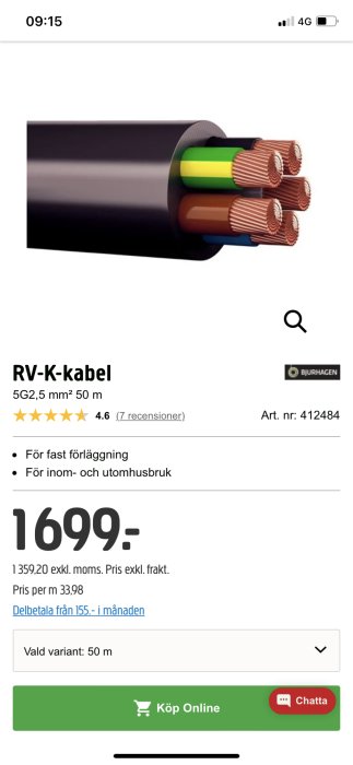 RV-K installationskabel 5G2,5 mm² med kopparledare för användning inomhus och utomhus.