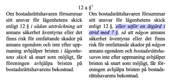 Två kolumner med lagtext om bostadsrättshavares ansvar för renovering, ny text markerad i blått.