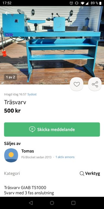 Blå trävarv GIAB TS1000 till salu på en träterrass, med hyllor och 3-fas anslutning.